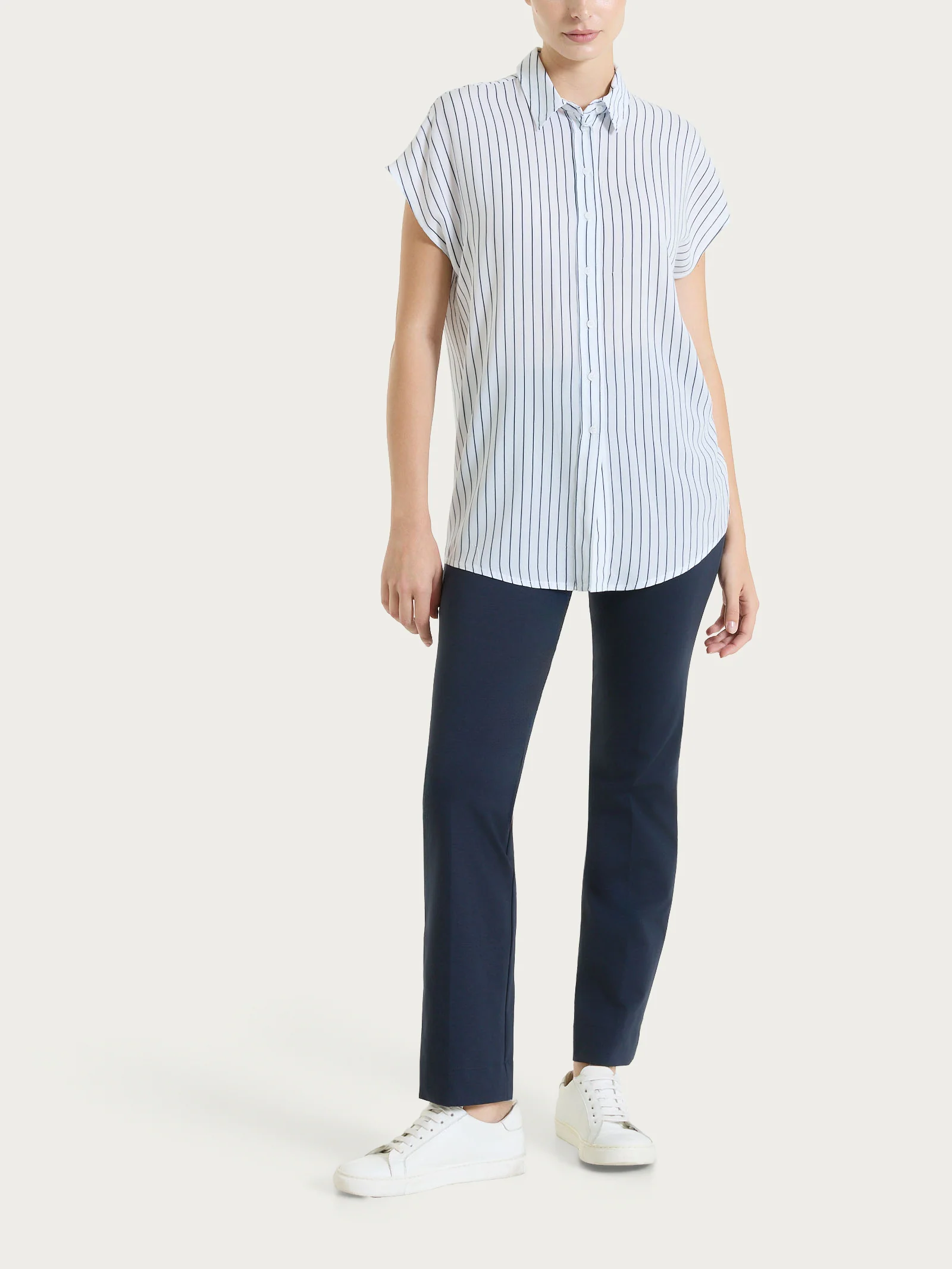 Camicia a righe con manica corta in Ecoseta - Fant.Bleu - Image 5