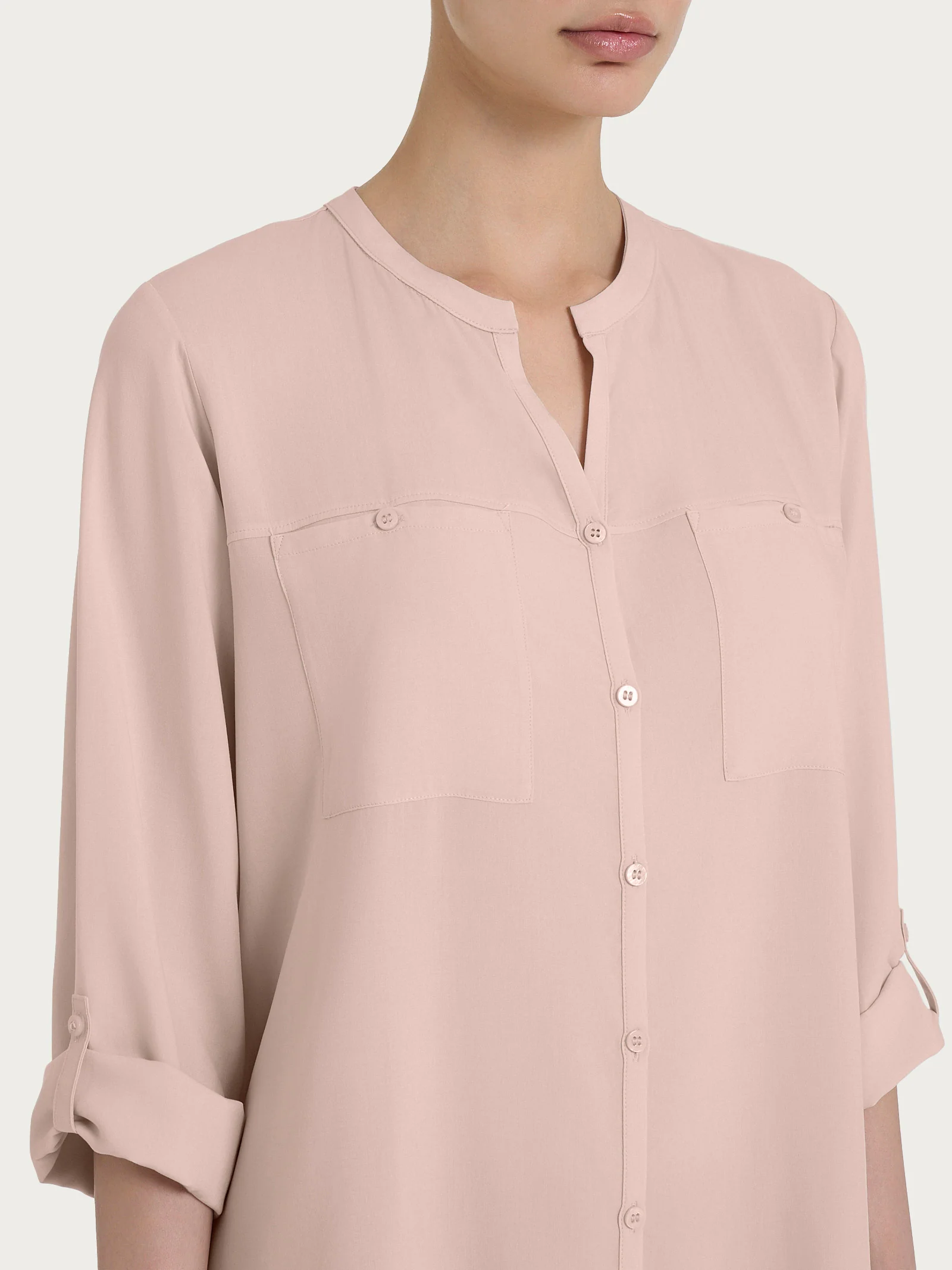 Camicia con collo alla coreana in EcoSeta - Cameo Rose - Image 3